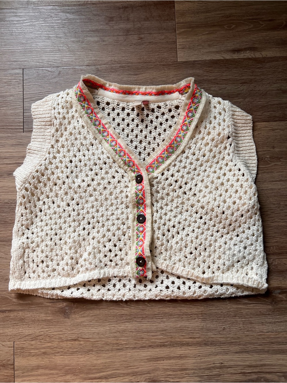 Anthropologie Cream Crochet Knit Vest with Multicolor Trim